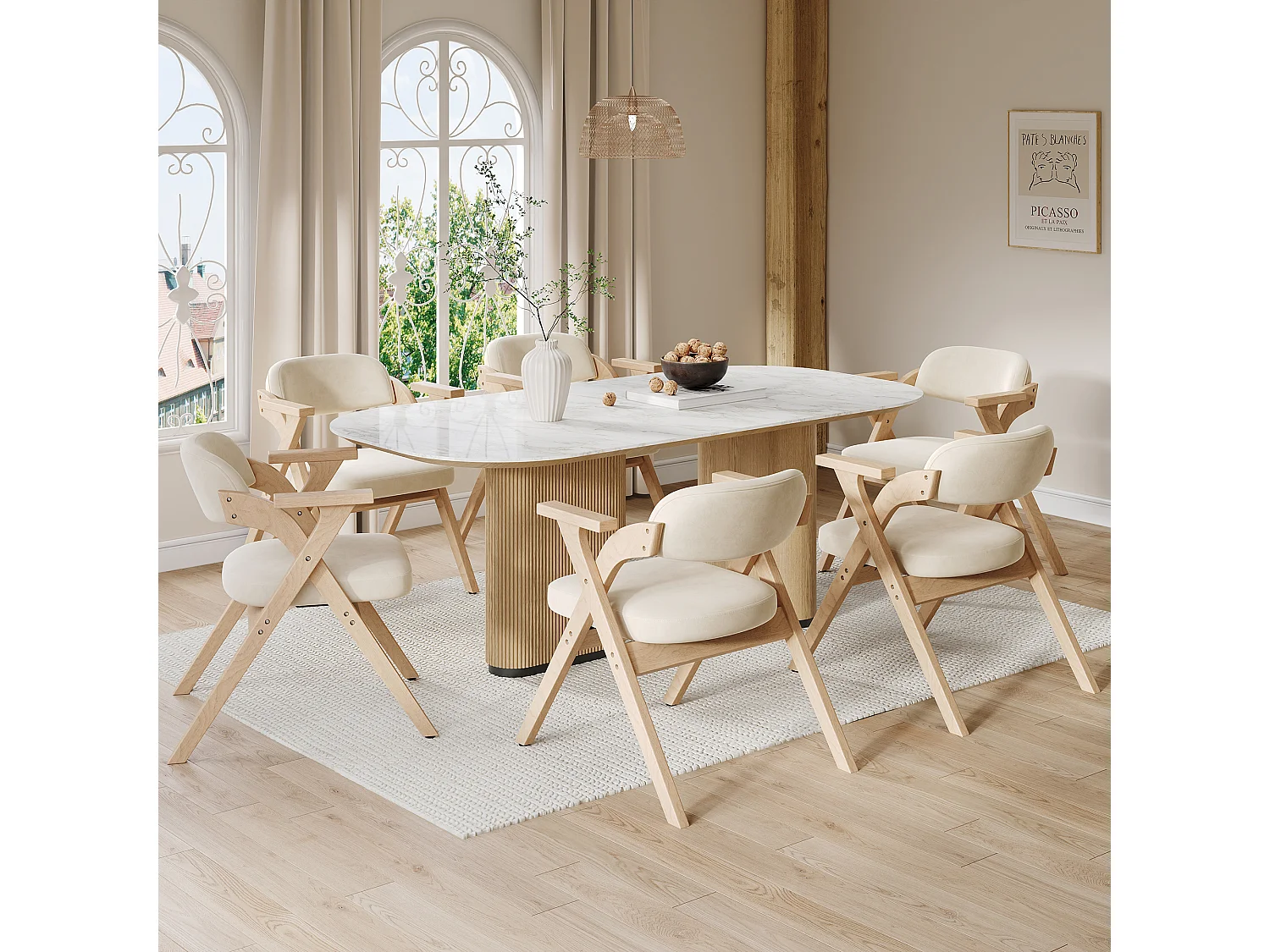 Set of 6 folding dining chairs - foldable and storable - velvet cushion - 64.5 x 66.5 x 73 cm - wood - beige