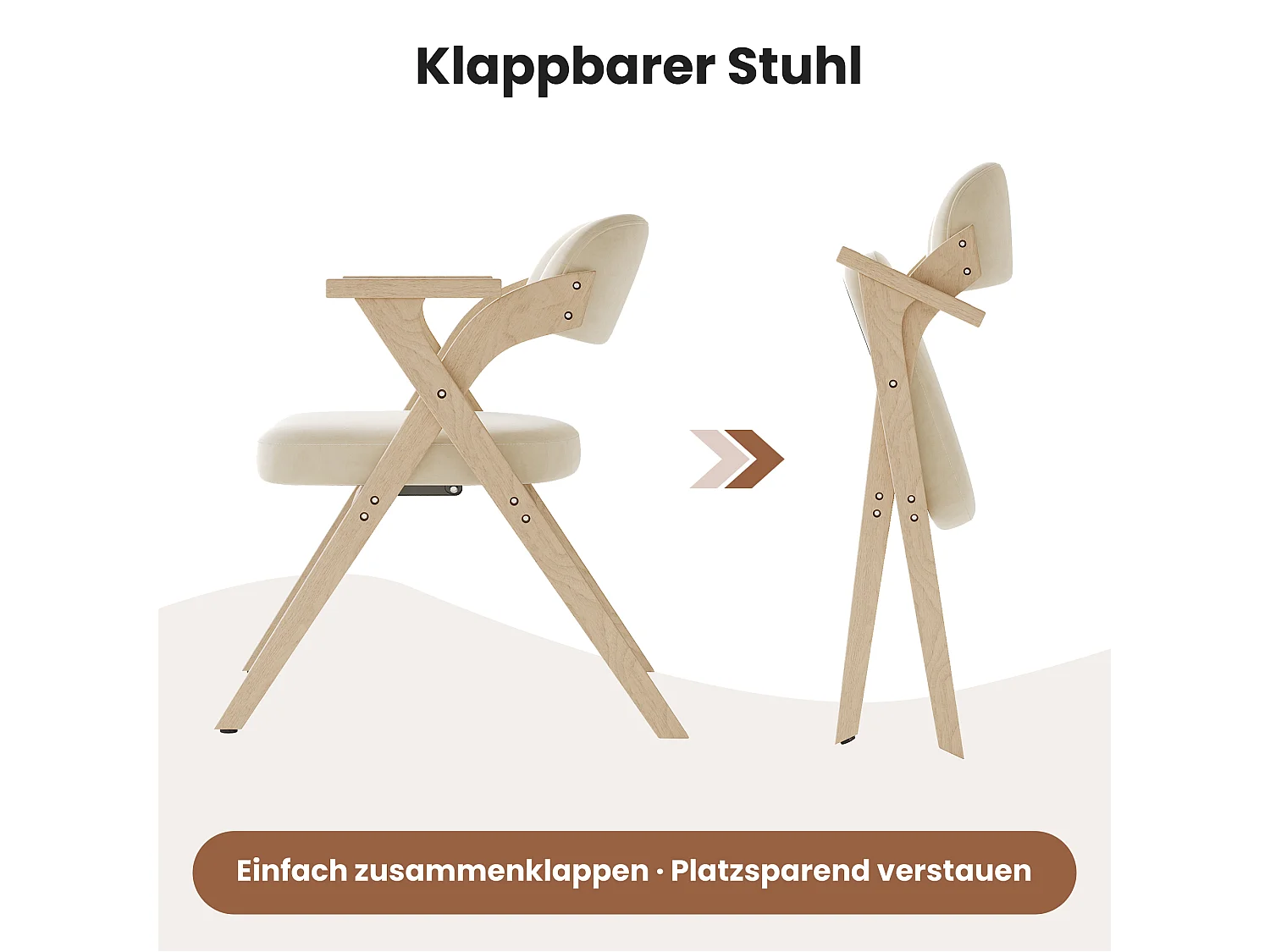 Set of 6 folding dining chairs - foldable and storable - velvet cushion - 64.5 x 66.5 x 73 cm - wood - beige