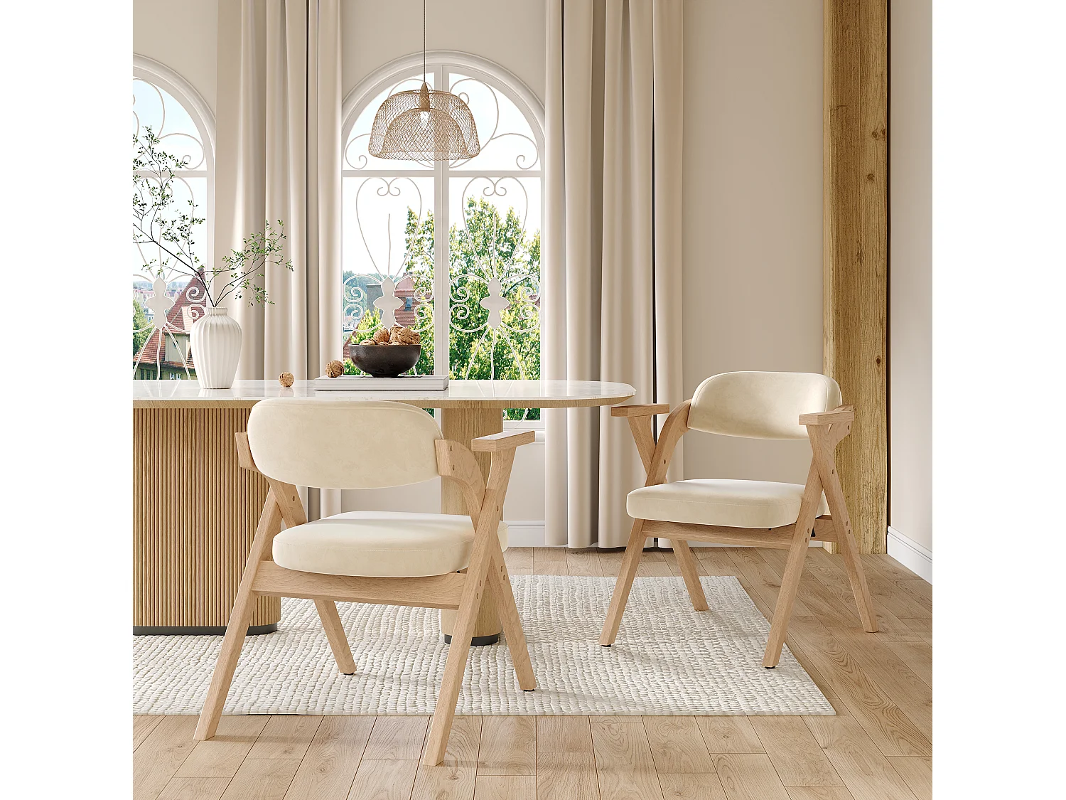 Set of 6 folding dining chairs - foldable and storable - velvet cushion - 64.5 x 66.5 x 73 cm - wood - beige
