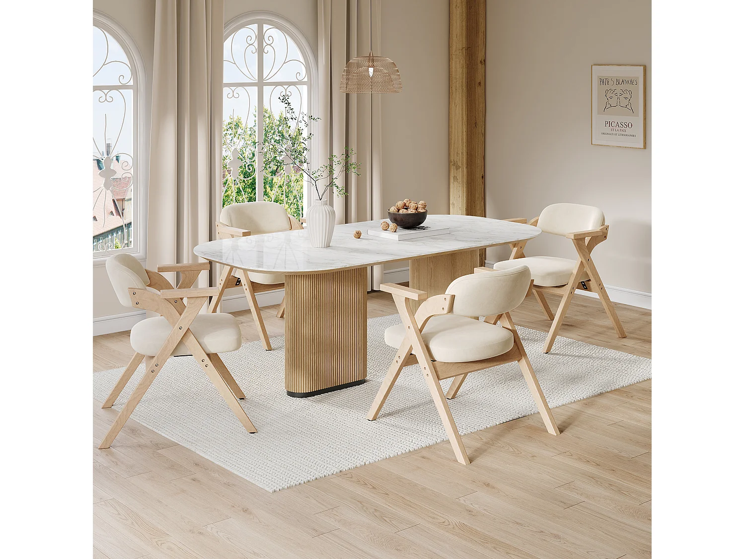 Set of 6 folding dining chairs - foldable and storable - velvet cushion - 64.5 x 66.5 x 73 cm - wood - beige