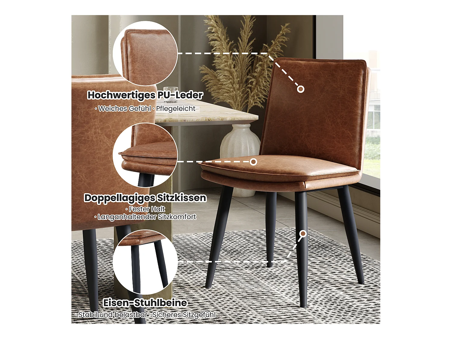 Lot de 4 chaises de salle à manger en PU - coussins double couche - 49 x 57 x 84 cm - PU - marron