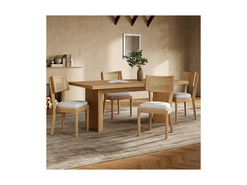 4er-Set Esszimmerstühle aus Massivholz mit Rattan-Rückenlehne - Samtkissen - 50 x 58 x 88 cm - Natur