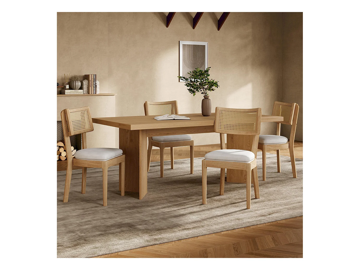 Lot de 4 chaises de salle à manger en bois massif avec dossiers en rotin - coussin en velours - 50 x 58 x 88 cm - naturel