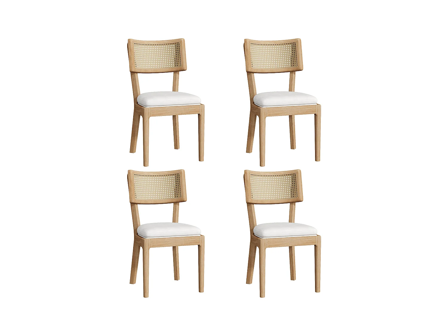 Lot de 4 chaises de salle à manger en bois massif avec dossiers en rotin - coussin en velours - 50 x 58 x 88 cm - naturel