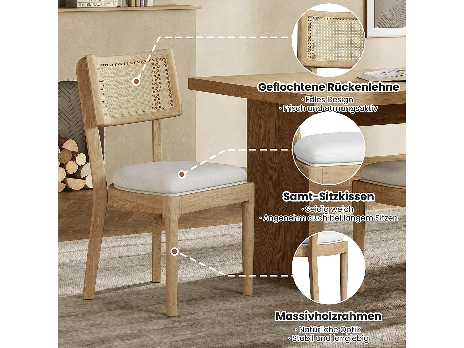 4er-Set Esszimmerstühle aus Massivholz mit Rattan-Rückenlehne - Samtkissen - 50 x 58 x 88 cm - Natur