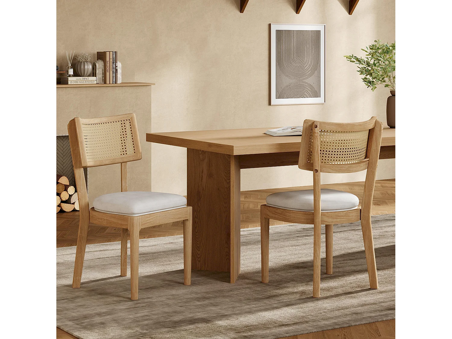 4er-Set Esszimmerstühle aus Massivholz mit Rattan-Rückenlehne - Samtkissen - 50 x 58 x 88 cm - Natur