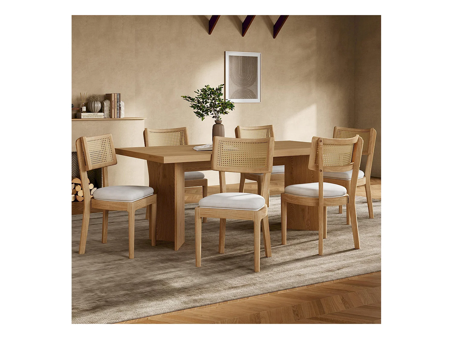 Lot de 2 chaises de salle à manger en bois massif avec dossiers en rotin - coussin en velours - 50 x 58 x 88 cm - naturel