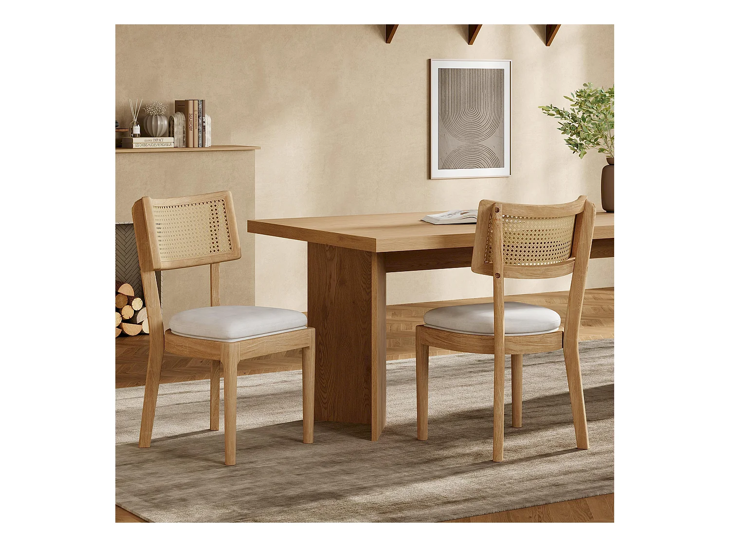 2er-Set Esszimmerstühle aus Massivholz mit Rattan-Rückenlehne - Samtkissen - 50 x 58 x 88 cm - Natur