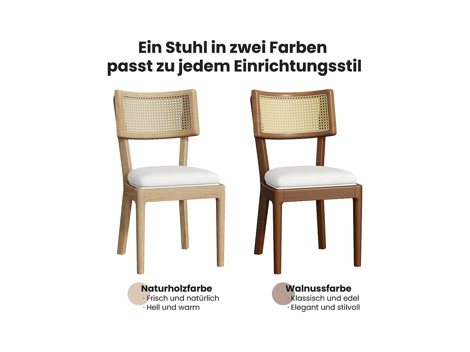 Lot de 2 chaises de salle à manger en bois massif avec dossiers en rotin - coussin en velours - 50 x 58 x 88 cm - naturel