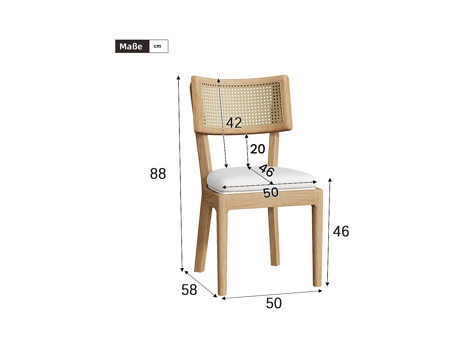 Lot de 2 chaises de salle à manger en bois massif avec dossiers en rotin - coussin en velours - 50 x 58 x 88 cm - naturel
