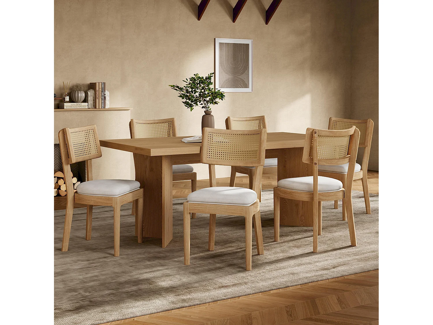 Lot de 2 chaises de salle à manger en bois massif avec dossiers en rotin - coussin en velours - 50 x 58 x 88 cm - naturel