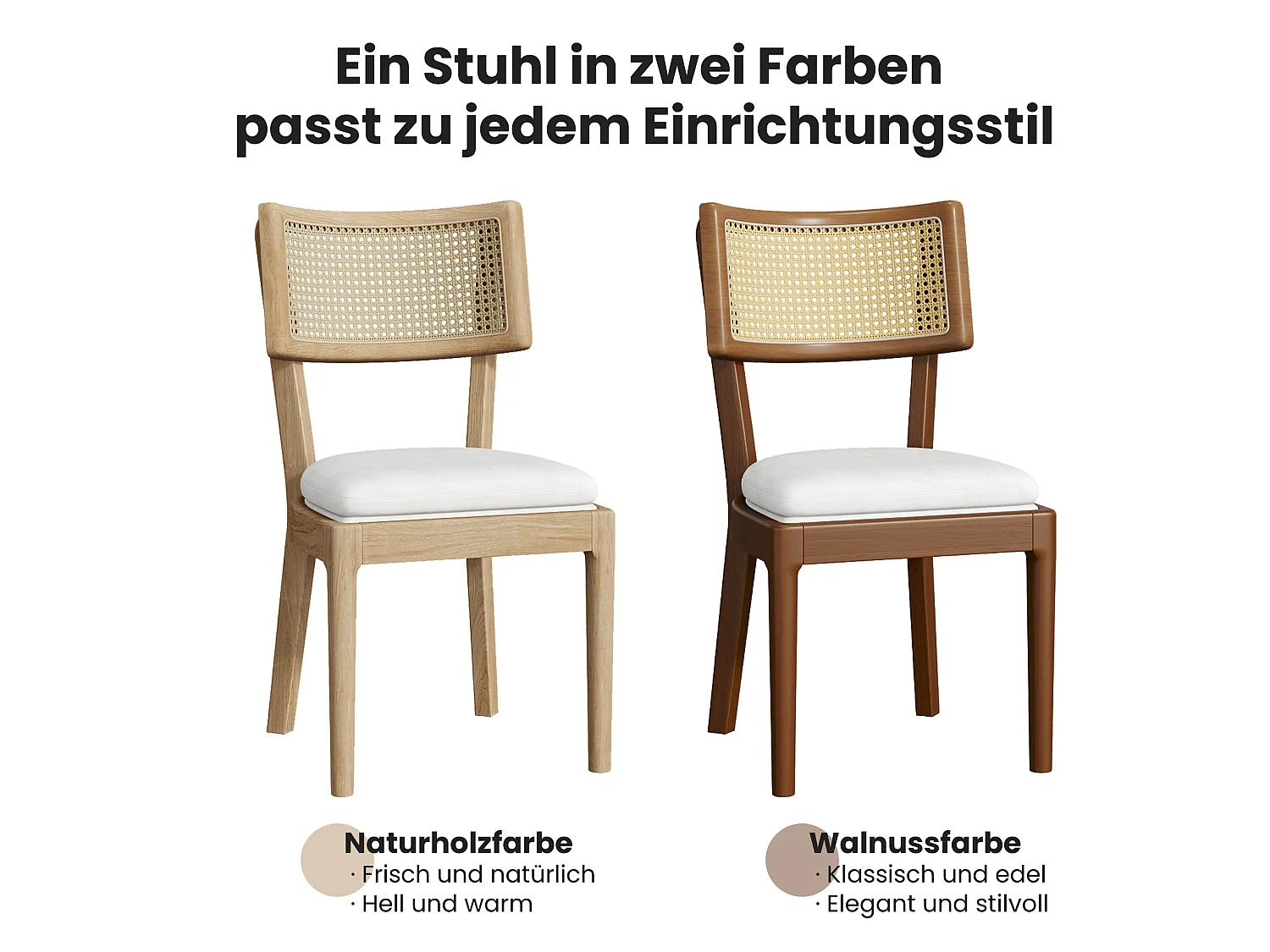 Lot de 2 chaises de salle à manger en bois massif avec dossiers en rotin - coussin en velours - 50 x 58 x 88 cm - naturel