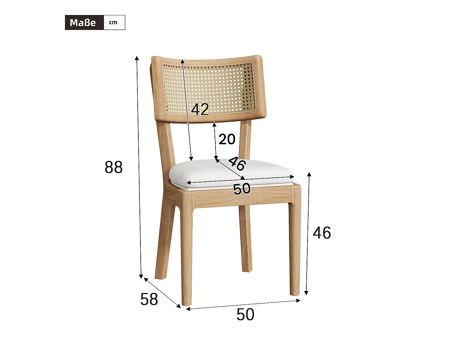 Lot de 2 chaises de salle à manger en bois massif avec dossiers en rotin - coussin en velours - 50 x 58 x 88 cm - naturel