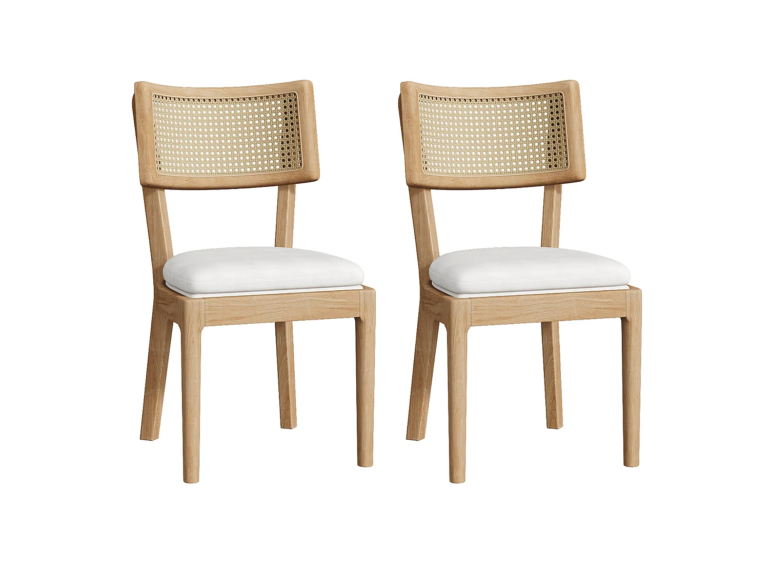 Lot de 2 chaises de salle à manger en bois massif avec dossiers en rotin - coussin en velours - 50 x 58 x 88 cm - naturel