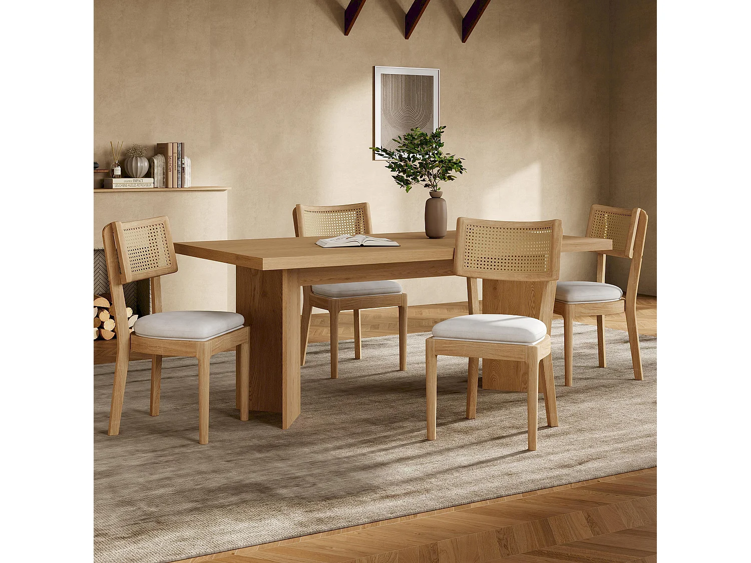 Lot de 2 chaises de salle à manger en bois massif avec dossiers en rotin - coussin en velours - 50 x 58 x 88 cm - naturel