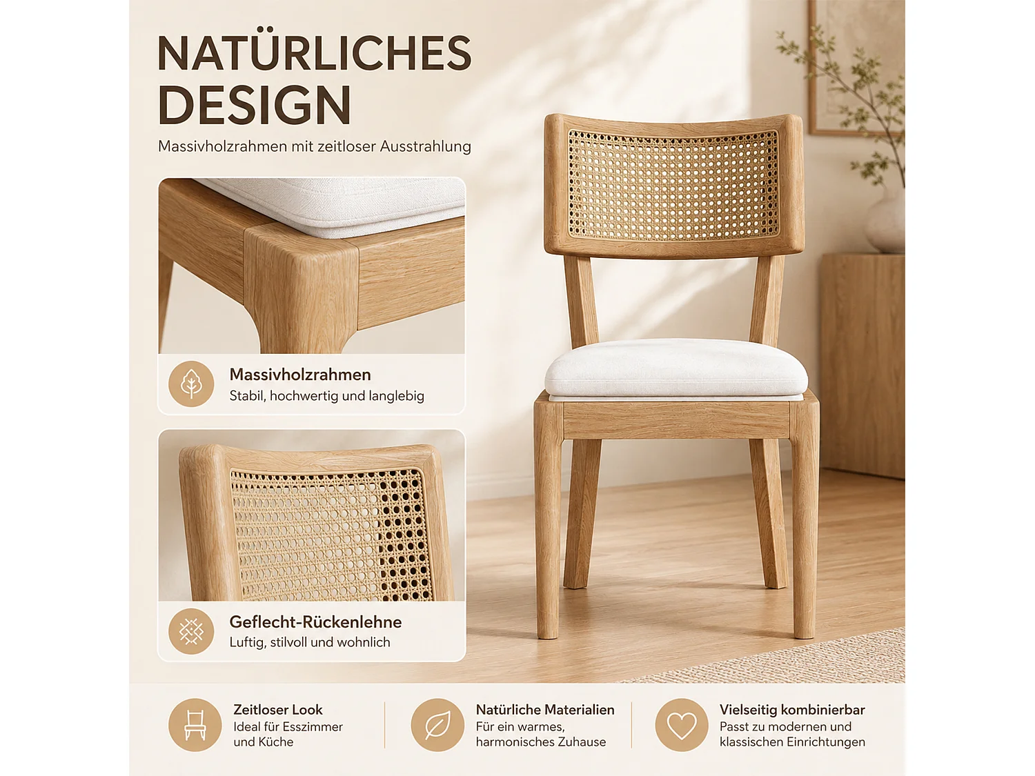 Lot de 2 chaises de salle à manger en bois massif avec dossiers en rotin - coussin en velours - 50 x 58 x 88 cm - naturel