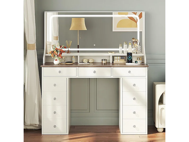 Dripex Toilettentafel met verlichting en 11 laden, grote LED-spiegel (110 cm) en stopcontact, voor slaapkamer en toiletkamer, bruin