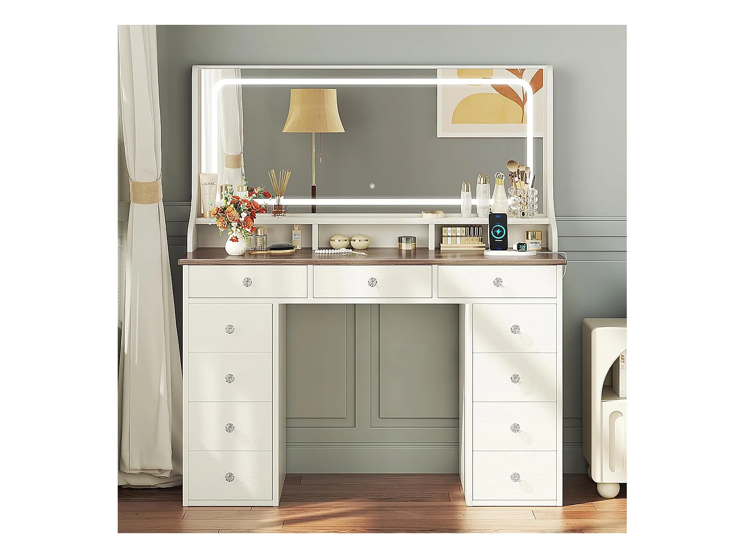 Dripex Toilettentafel met verlichting en 11 laden, grote LED-spiegel (110 cm) en stopcontact, voor slaapkamer en toiletkamer, bruin