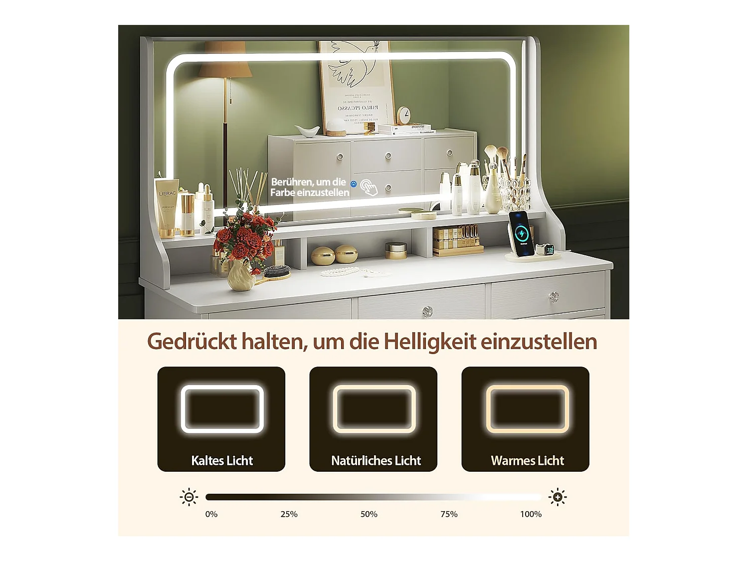 Dripex Toilettentafel met verlichting en 11 laden, grote LED-spiegel (110 cm) en stopcontact, voor slaapkamer en toiletkamer, bruin