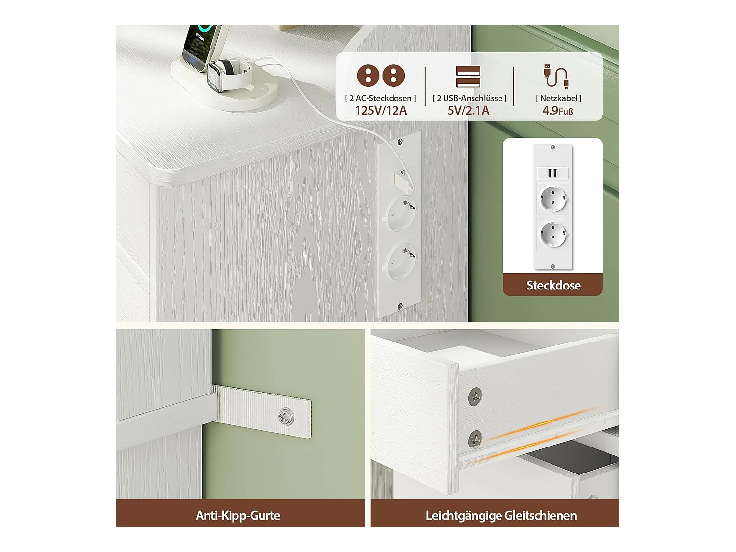 Dripex Toilettentafel met verlichting en 11 laden, grote LED-spiegel (110 cm) en stopcontact, voor slaapkamer en toiletkamer, bruin