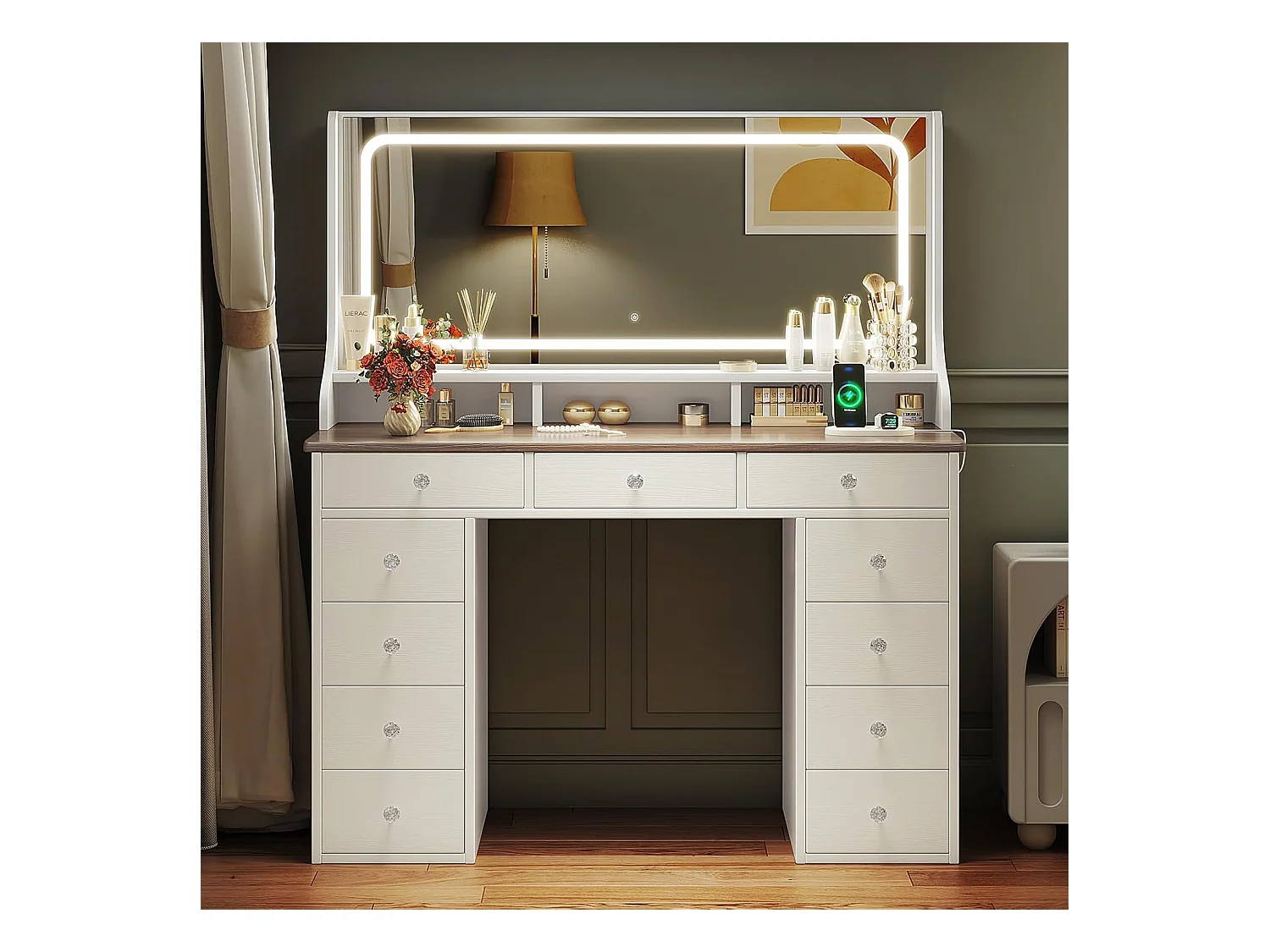 Dripex Toilettentafel met verlichting en 11 laden, grote LED-spiegel (110 cm) en stopcontact, voor slaapkamer en toiletkamer, bruin