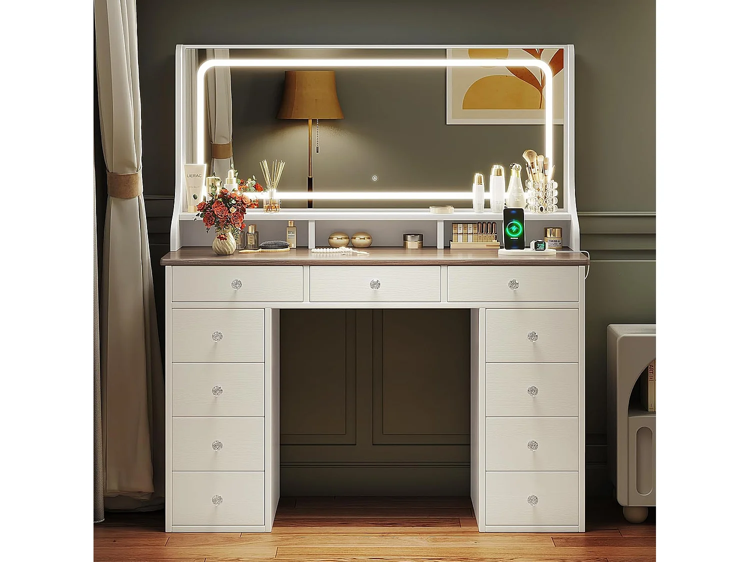 Table de toilette Dripex avec éclairage et 11 tiroirs, miroir LED grand de 110 cm et prise de courant, pour chambre à coucher et salle de toilette, marron