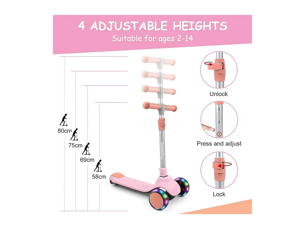 Trottinette pour Enfants BremToy - Trottinette avec Guidon Réglable en Hauteur et Roues LED