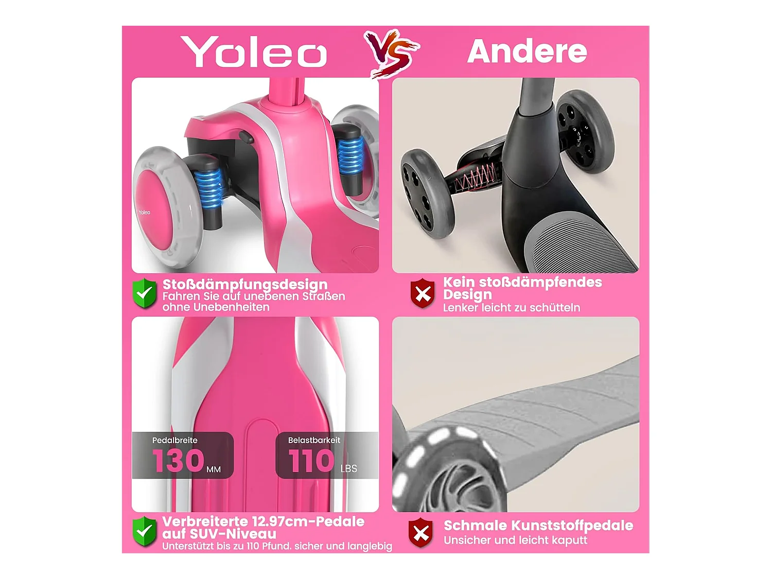 Trottinette Enfant YOLEO avec 4 Hauteurs Réglables, Roues Lumineuses LED, pour 3-12 Ans