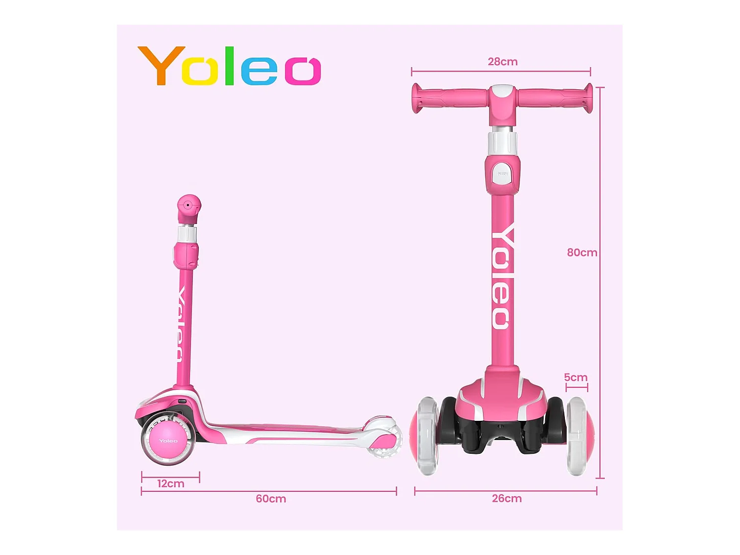 Trottinette Enfant YOLEO avec 4 Hauteurs Réglables, Roues Lumineuses LED, pour 3-12 Ans