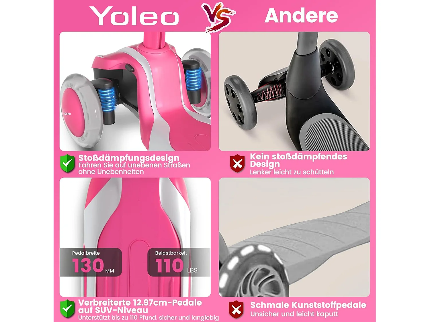 YOLEO Kinderstep met 4 Hoogteverstellingen, LED Lichtgevende Wielenen, voor 3-12 Jaar