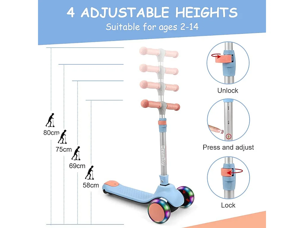Trottinette pour Enfants BremToy - Trottinette avec Guidon Réglable en Hauteur et Roues LED