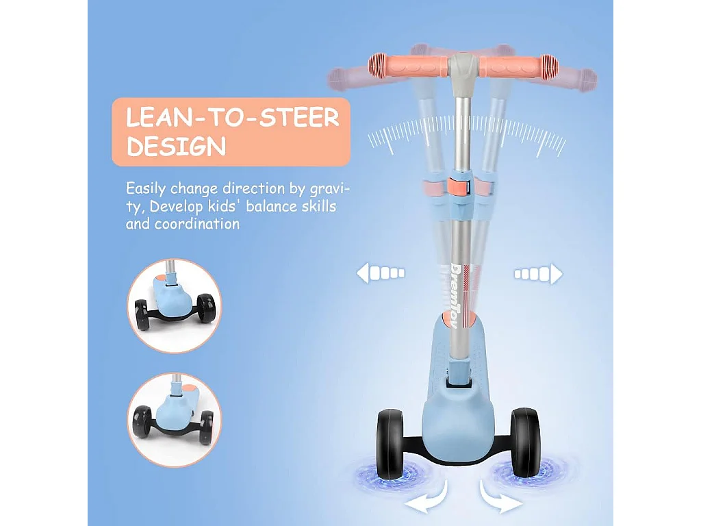 Trottinette pour Enfants BremToy - Trottinette avec Guidon Réglable en Hauteur et Roues LED