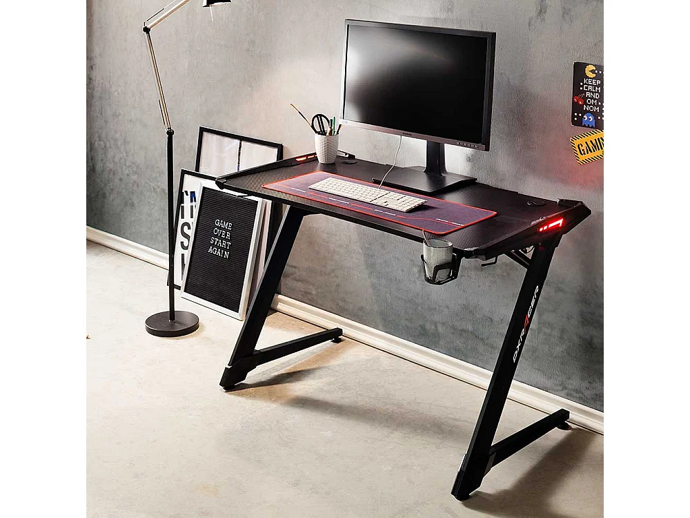 Schreibtisch in Schwarz LED Beleuchtung und Kabeldurchlass