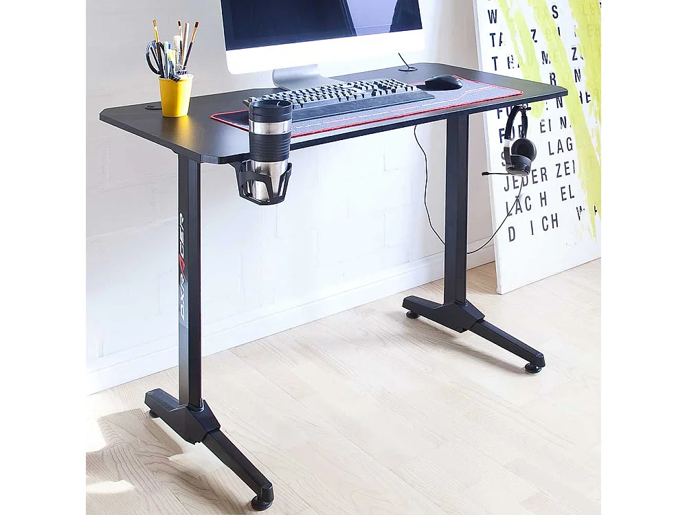 Gaming Schreibtisch in Schwarz Getränkehalter
