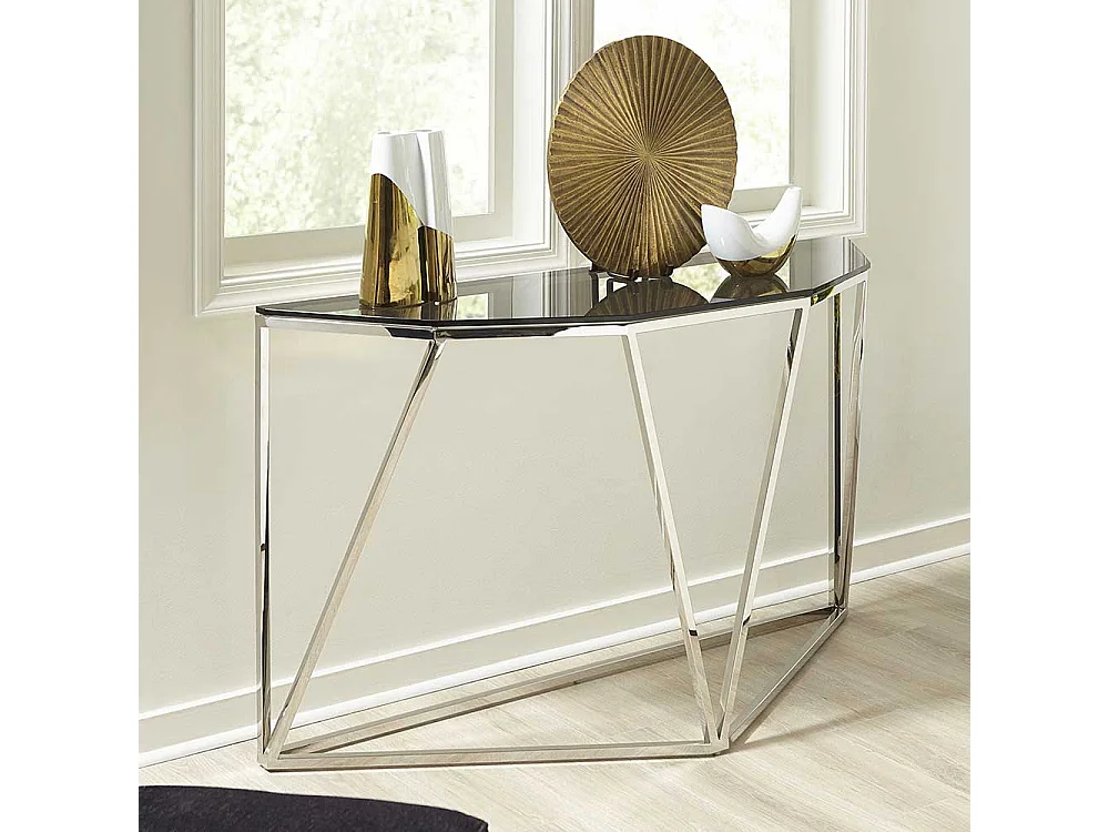 Glas Konsolentisch mit Trapezgestell aus Edelstahl 140 cm breit