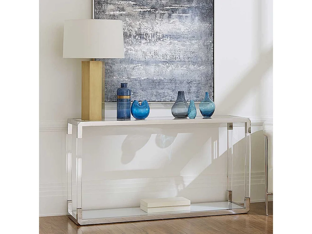 Design Konsolentisch in Weiß und Transparent Edelstahl und Glas