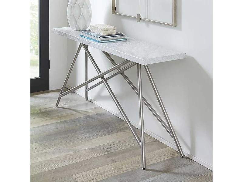 Marmor Konsolentisch in Weiß Vierfußgestell aus Edelstahl