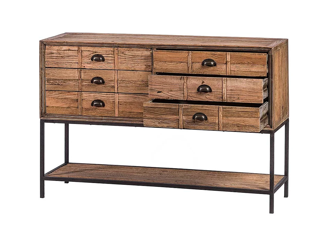 Konsolentisch aus Eiche antik Recyclingholz sechs Schubladen