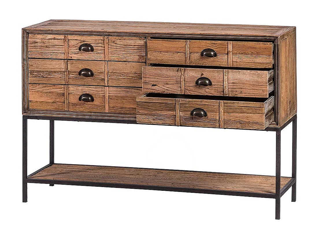 Konsolentisch aus Eiche antik Recyclingholz sechs Schubladen