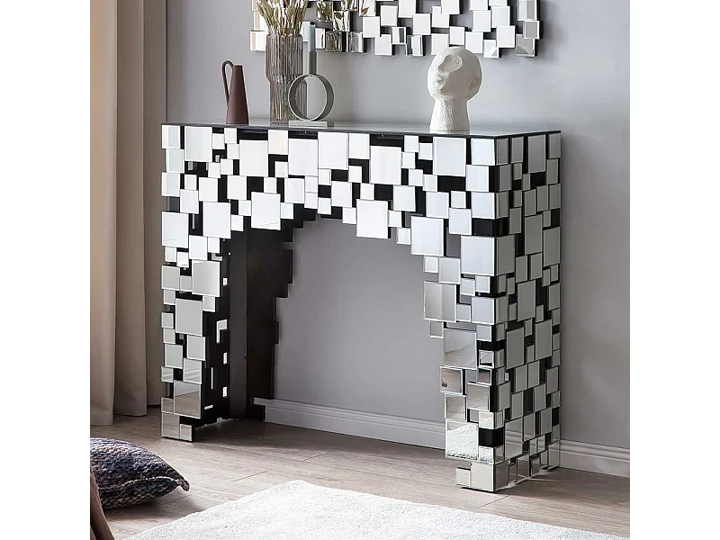 Spiegel Design Tisch mit Wangen Gestell Glasplatte