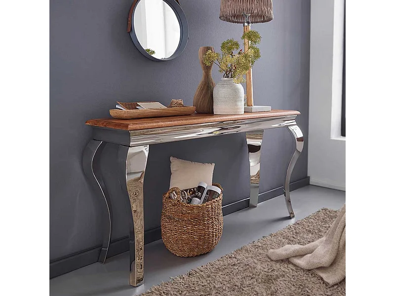 Konsolen Tisch aus Sheesham Massivholz Edelstahl in Silberfarben