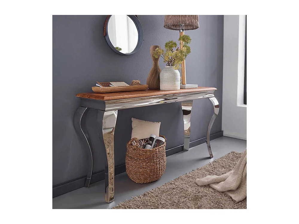 Konsolen Tisch aus Sheesham Massivholz Edelstahl in Silberfarben