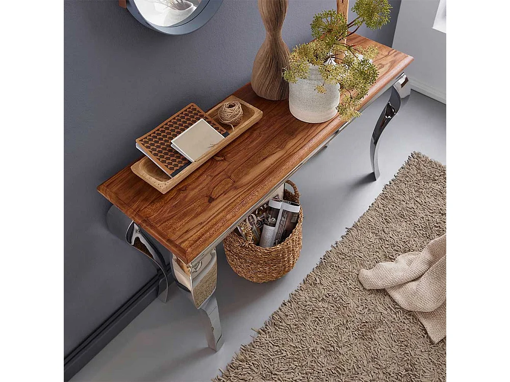 Konsolen Tisch aus Sheesham Massivholz Edelstahl in Silberfarben