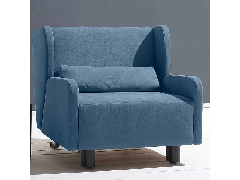 Ohrenbackensessel in Blau Microvelour Schlaffunktion