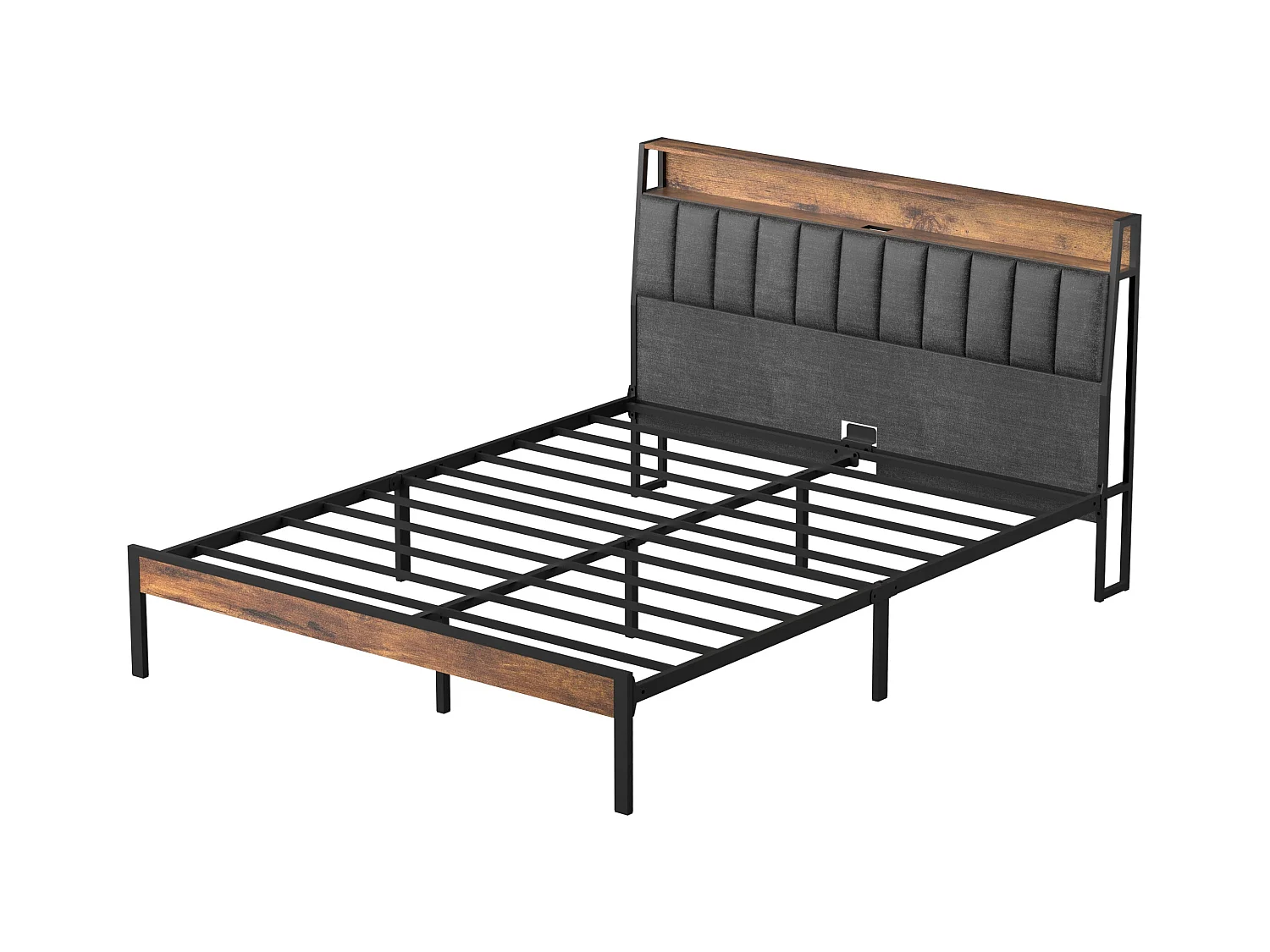 Cadre de lit 160 x 200 avec Base en métal, avec lumières LED et Prises Multiples (1 Prise AC, 2 Ports USB), avec casier, Hauteur 26,5 cm, Couleurs Vintage et Gris