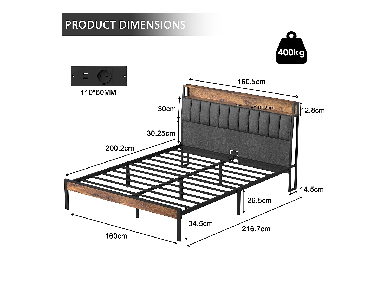 Cadre de lit 160 x 200 avec Base en métal, avec lumières LED et Prises Multiples (1 Prise AC, 2 Ports USB), avec casier, Hauteur 26,5 cm, Couleurs Vintage et Gris