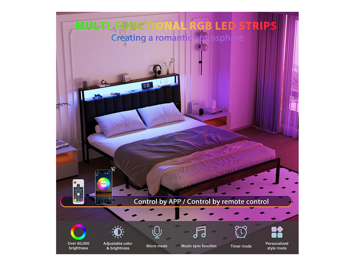 Cadre de lit 160 x 200 avec Base en métal, avec lumières LED et Prises Multiples (1 Prise AC, 2 Ports USB), avec casier, Hauteur 26,5 cm, Couleurs Vintage et Gris