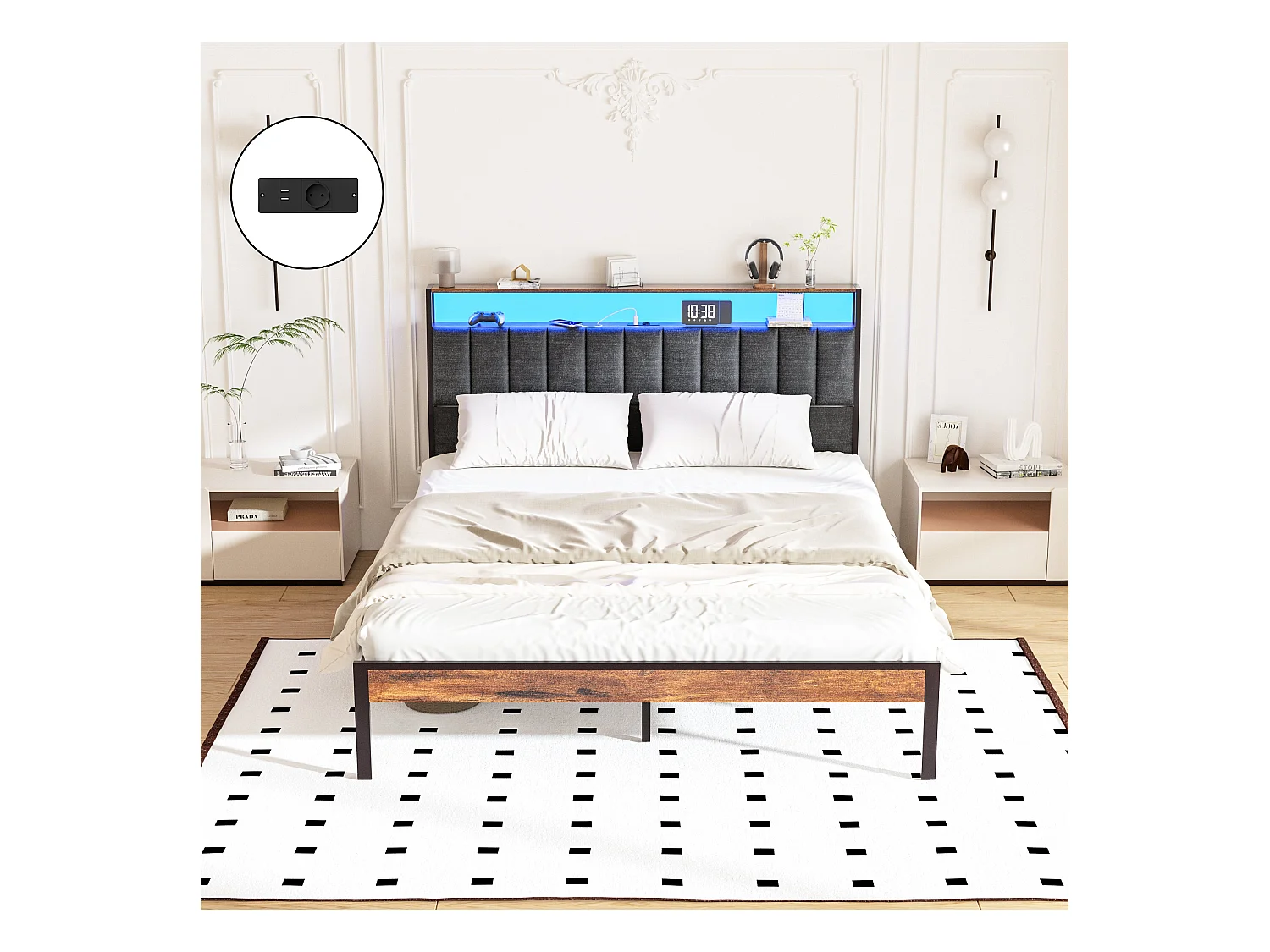 Cadre de lit 160 x 200 avec Base en métal, avec lumières LED et Prises Multiples (1 Prise AC, 2 Ports USB), avec casier, Hauteur 26,5 cm, Couleurs Vintage et Gris