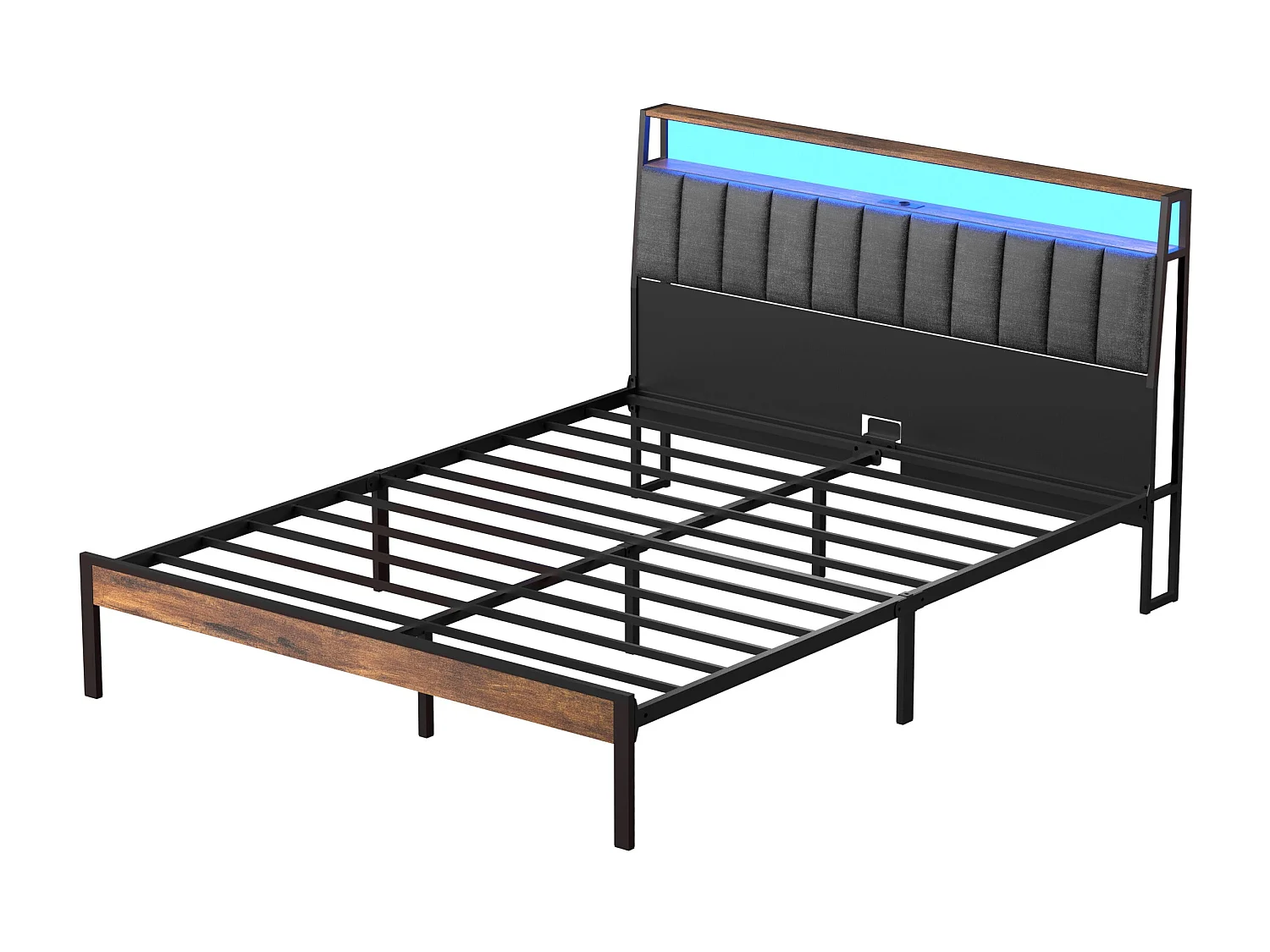 Cadre de lit 160 x 200 avec Base en métal, avec lumières LED et Prises Multiples (1 Prise AC, 2 Ports USB), avec casier, Hauteur 26,5 cm, Couleurs Vintage et Gris