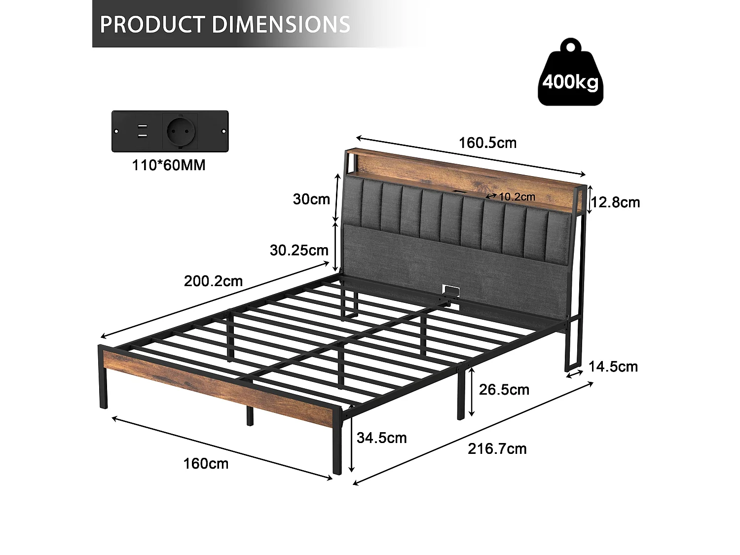 Cadre de lit 160 x 200 avec Base en métal, avec lumières LED et Prises Multiples (1 Prise AC, 2 Ports USB), avec casier, Hauteur 26,5 cm, Couleurs Vintage et Gris